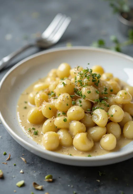 Rosewater pistachio gnocchi served