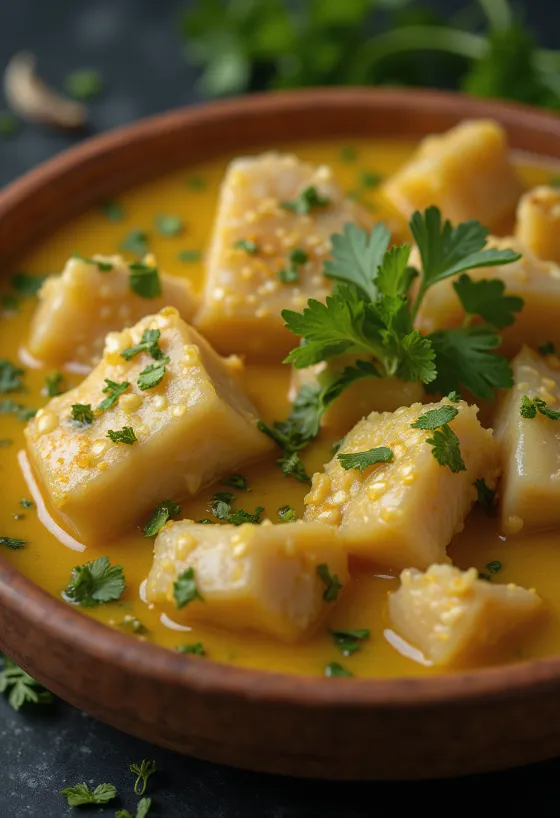 Vatapá de peixe com alho, fish cooked in creamy coconut milk served with lime and cilantro