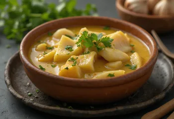 Vatapá de peixe com alho, fish cooked in creamy coconut milk served with lime and cilantro
