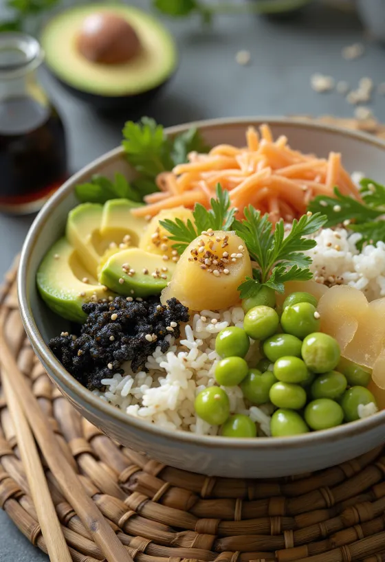 Vegan sushi bowl with vegetables and sesame seeds