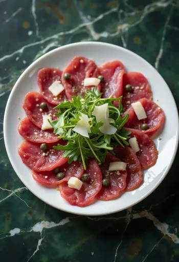 Venison carpaccio garnished with arugula and Parmesan