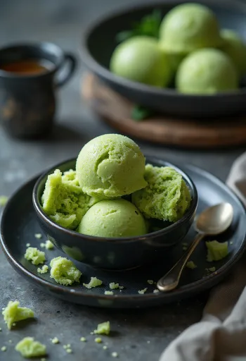 Homemade green tea sorbet served in a bowl