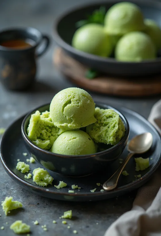 Homemade green tea sorbet served in a bowl
