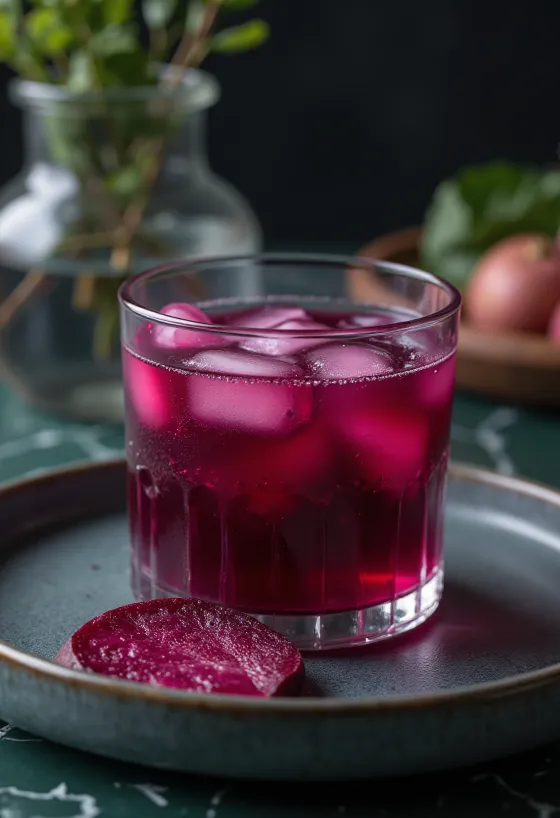Beet juice in a tall glass garnished with fresh vegetables