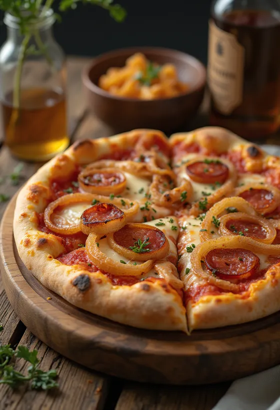 Diavola pizza with onions and chili peppers