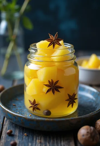 Sweet and sour pickled pineapple chunks served in a jar