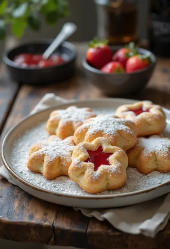 Strawberry Linzer cookies dusted with powdered sugar