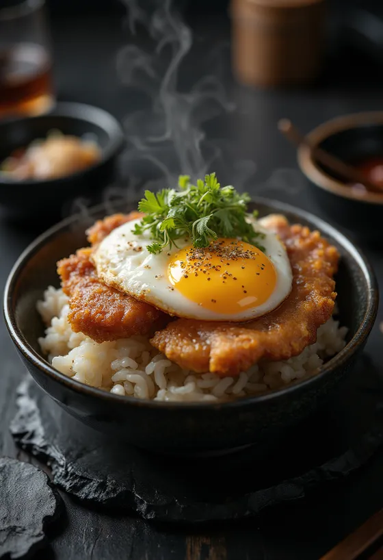 Katsudon served with crispy pork and green onions