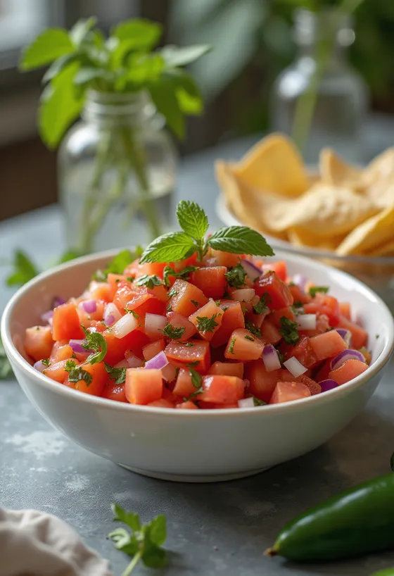 Fresh Pico de Gallo salsa served with tortilla chips