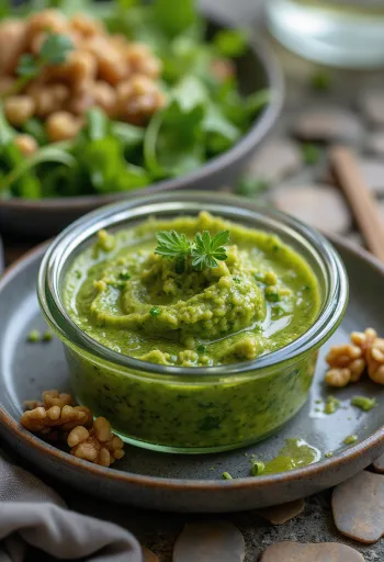 Arugula and walnut pesto, fresh and green sauce served