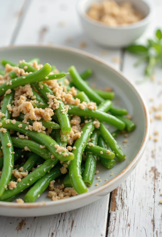 Green beans with sesame dressing served in a bowl