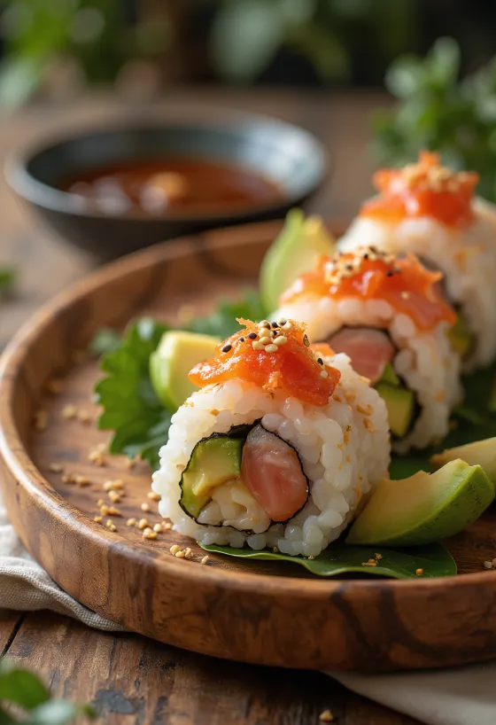Hand-rolled sushi cone with salmon and kimchi