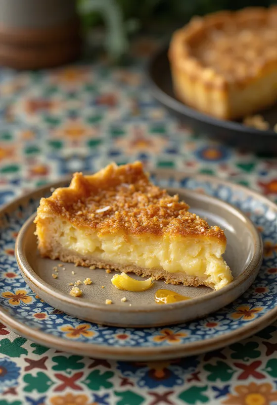 Coconut Treacle Tart, freshly baked golden brown