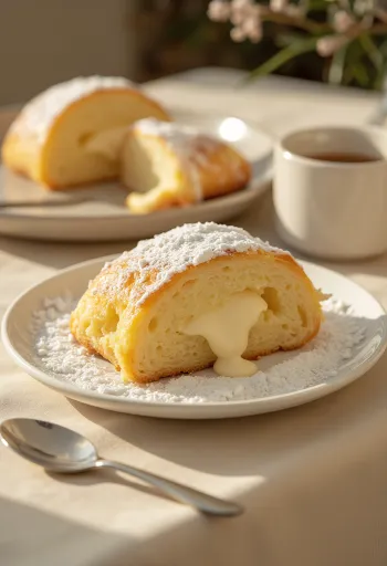 Vanilla Cream Filled Stollen sliced, dusted with powdered sugar