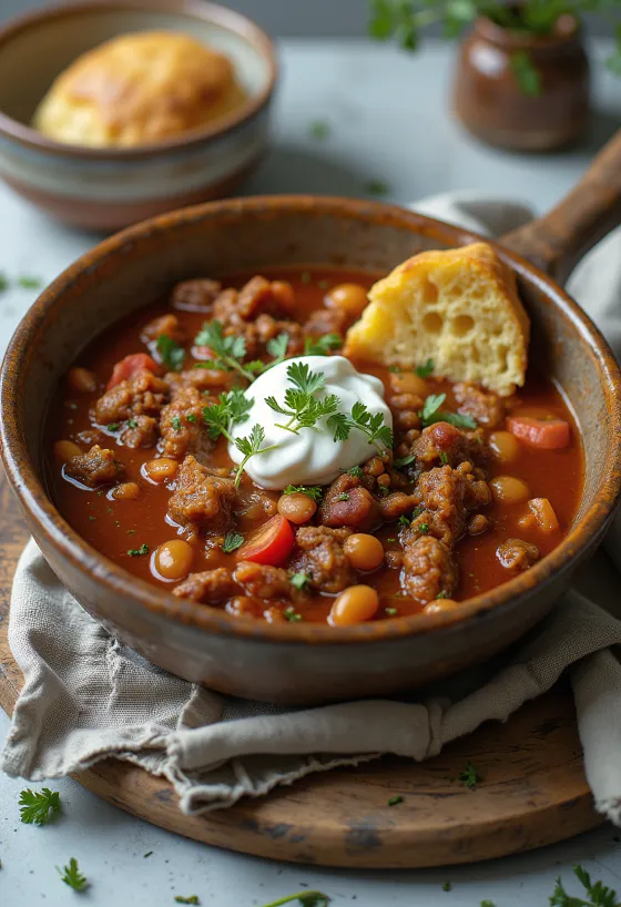 Venison chili served in a rustic bowl