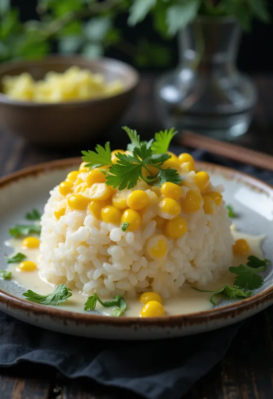 Vietnamese sticky rice Xôi Bắp with sweet corn and coconut drizzle