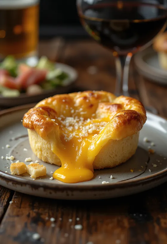 Cheesy Yorkshire puddings, golden brown batter filled with melted cheese