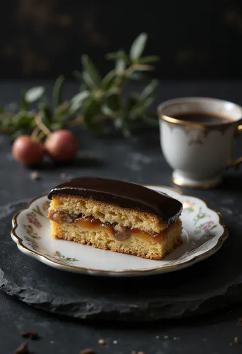 Homemade Gerbeaud cake with walnut filling and chocolate glaze