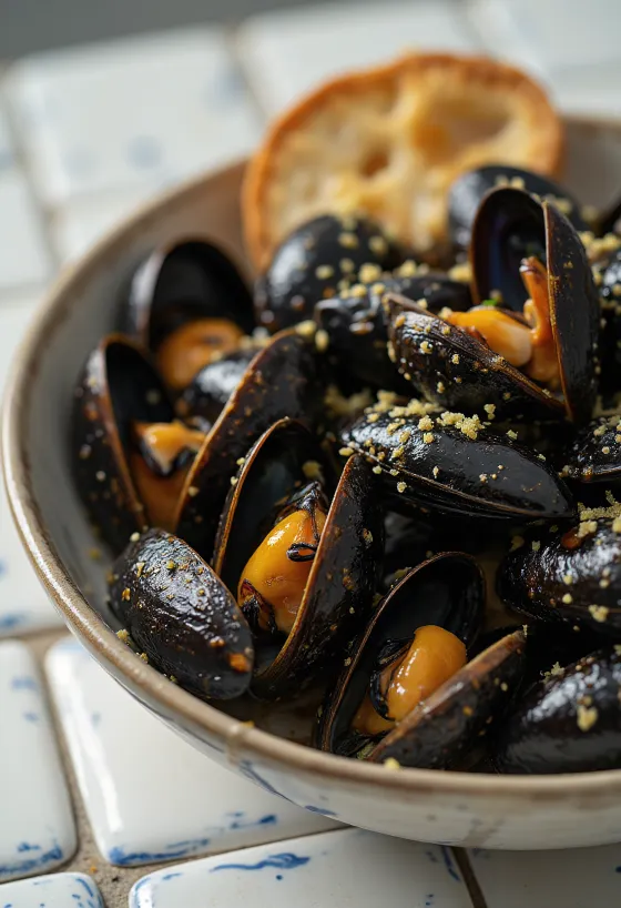 Grilled mussels in a bowl