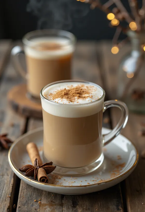 Chai tea latte in a mug garnished with cinnamon and cardamom