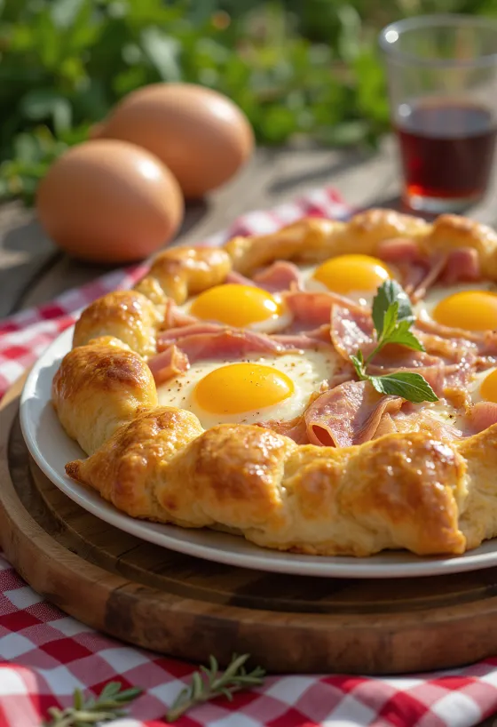 Savory puff pastry tart with ham, cheese, and basil