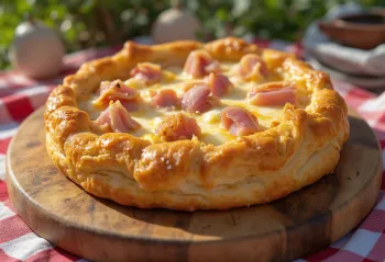 Savory puff pastry tart with ham, cheese, and basil