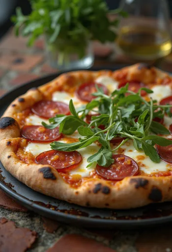 Diavola pizza with arugula and spicy salami