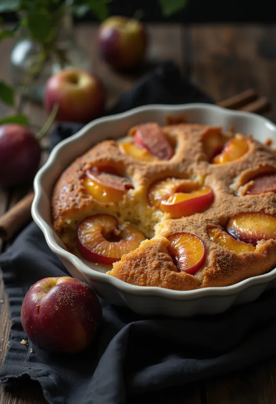 Cinnamon plum cake served with powdered sugar
