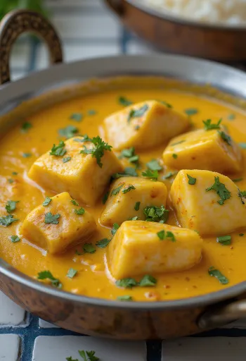Kerala fish and pork curry served in a rich coconut base
