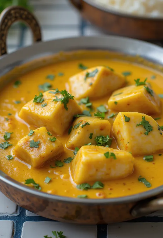 Kerala fish and pork curry served in a rich coconut base
