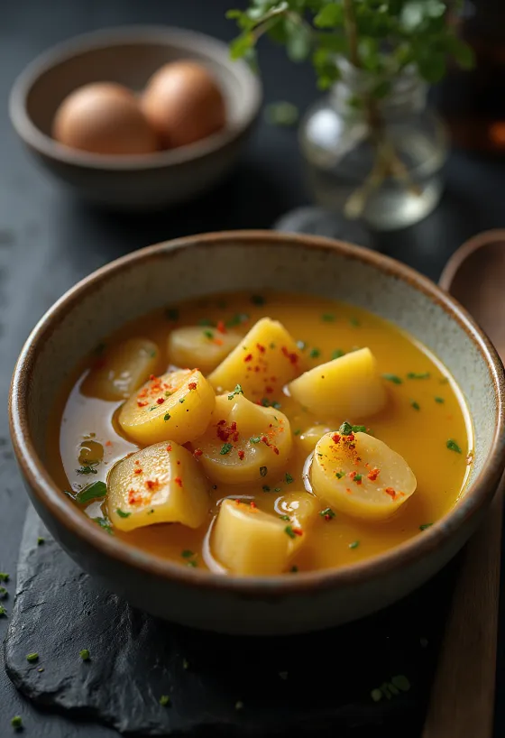 Hearty soup with potatoes and pasta squares