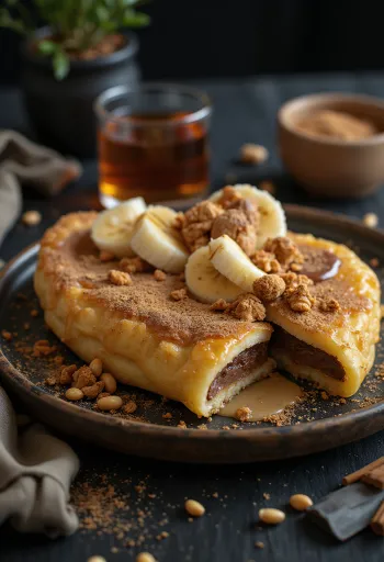 Martabak Manis with condensed milk, chocolate, and banana