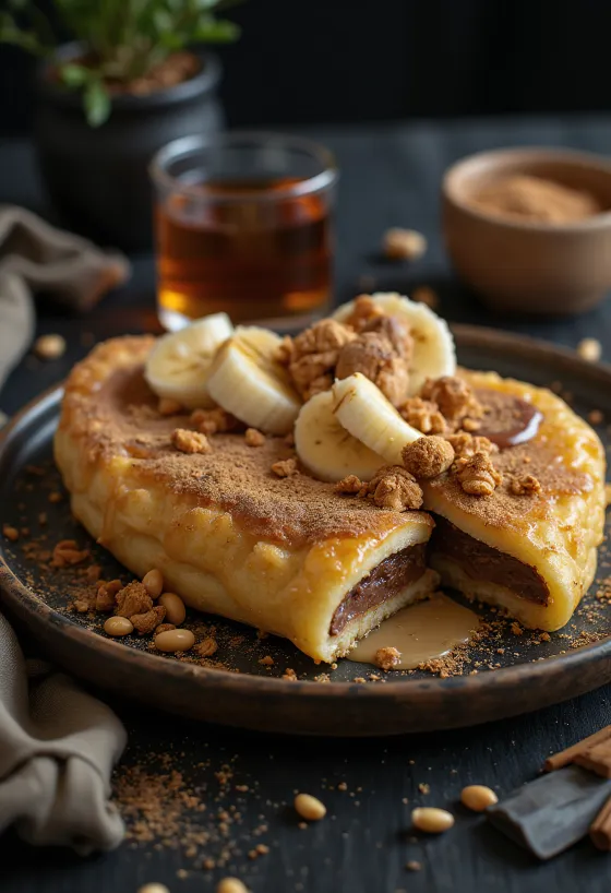 Martabak Manis with condensed milk, chocolate, and banana