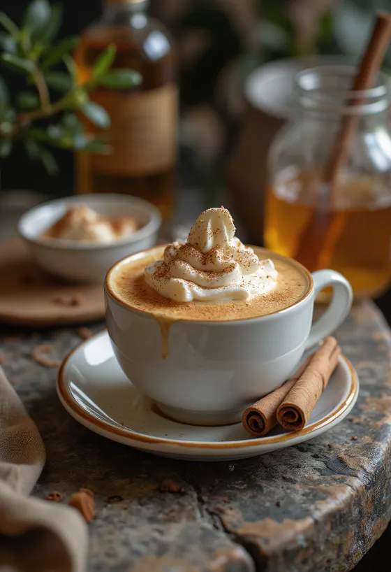 Honey-cinnamon latte with whipped cream and cinnamon stick