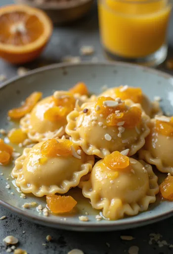 Honey candied orange ravioli served