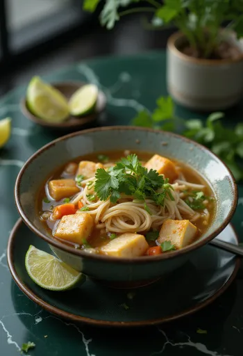Tofu Pho served in a bowl with rice noodles, fresh cilantro and lime slices