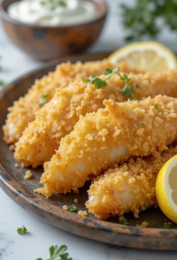 Golden brown fried fish fillets served with lemon slices and salad.