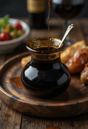Balsamic rosemary reduction sauce drizzled on a plate