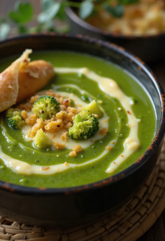 Cheesy broccoli soup served in a bowl