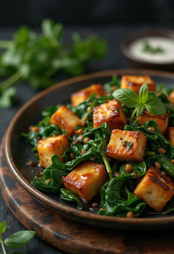 Crispy tofu bites served with spinach