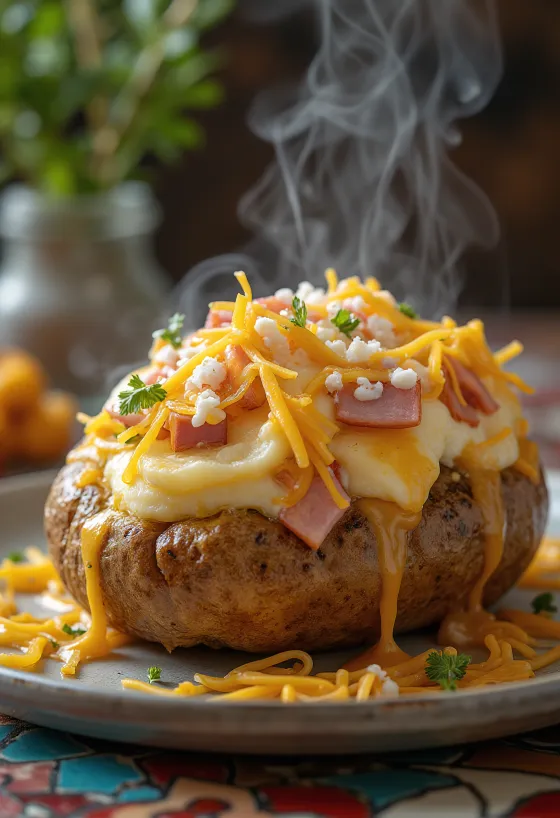 Twice baked potatoes stuffed with ham, cheese and chives