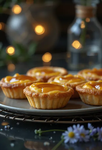 Mini treacle tart served with golden brown pastry and lemon zest