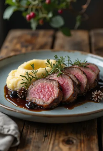 Venison loin with juniper sauce served with roasted vegetables