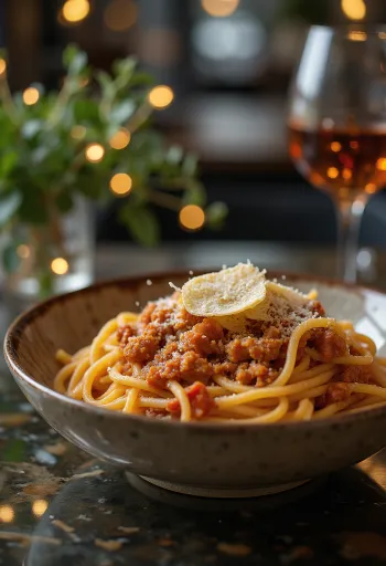 Spaghetti Bolognese with fresh basil and parmesan cheese