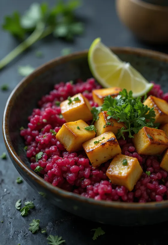 Curried beet and quinoa Buddha bowl topped with lime tofu