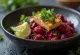 Curried beet and quinoa Buddha bowl topped with lime tofu