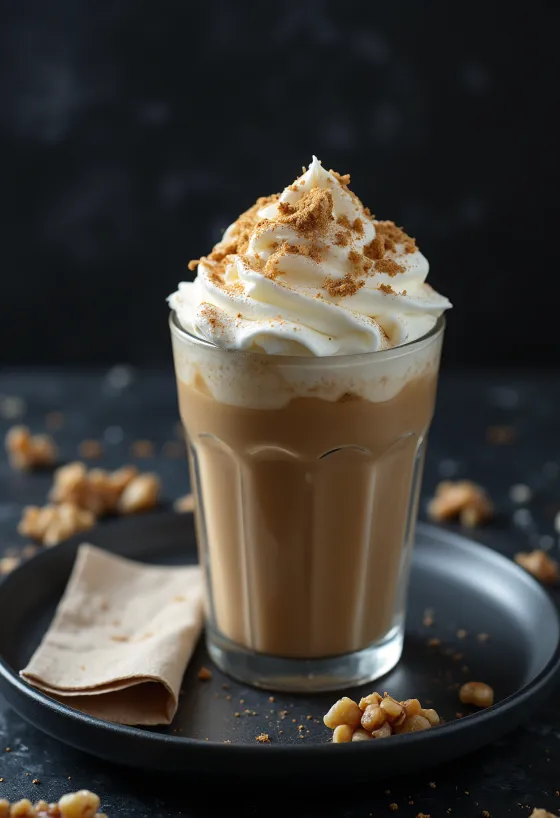 Cinnamon-walnut frappuccino with whipped cream and nuts