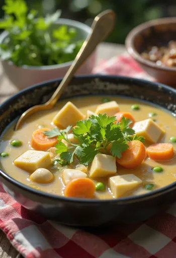 Creamy coconut tofu soup with fresh vegetables and cilantro