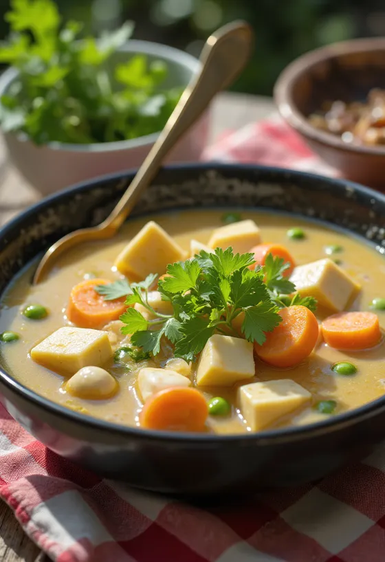 Creamy coconut tofu soup with fresh vegetables and cilantro