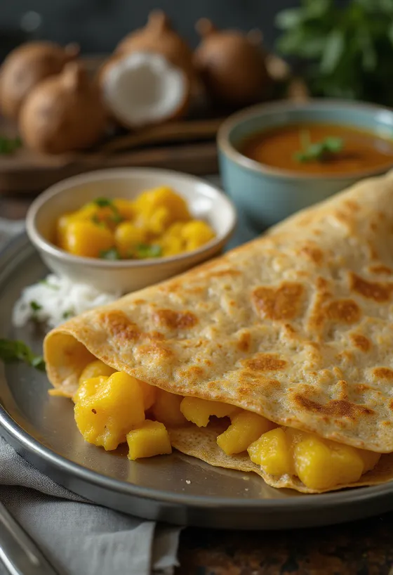 Masala Dosa with potato filling and coconut chutney